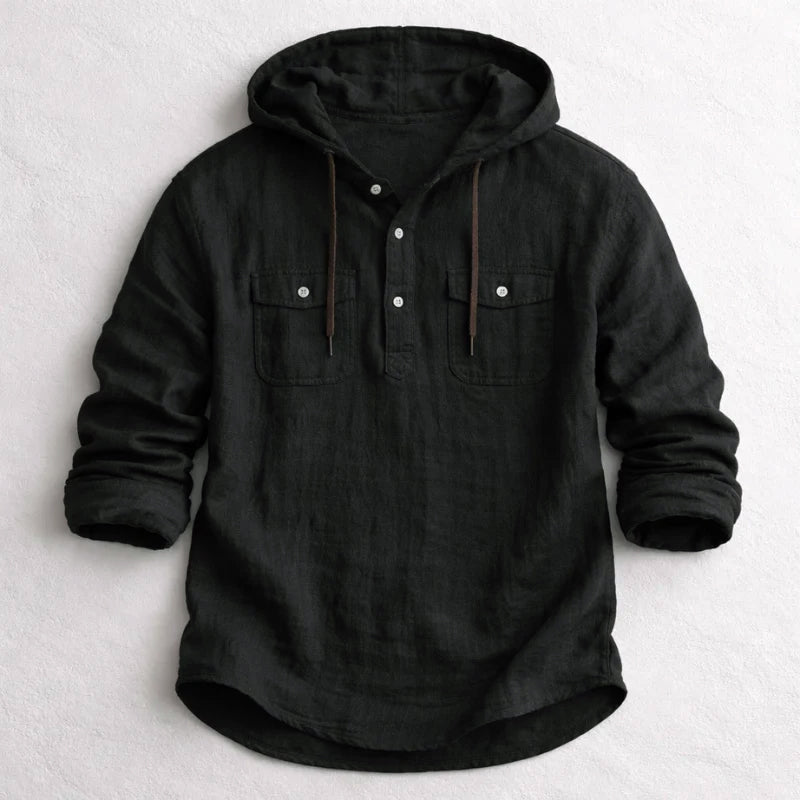 Men's blue cotton linen hooded shirt with chest flap pockets