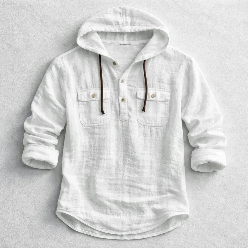 Men's blue cotton linen hooded shirt with chest flap pockets