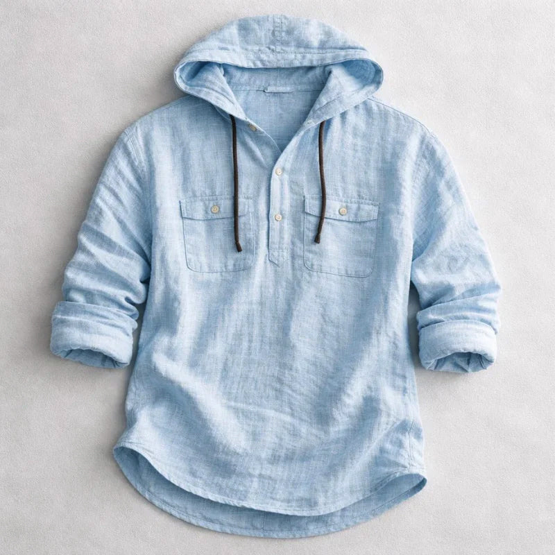 Men's blue cotton linen hooded shirt with chest flap pockets