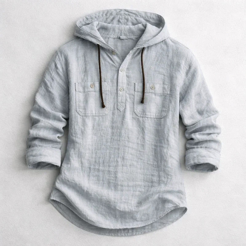 Men's blue cotton linen hooded shirt with chest flap pockets