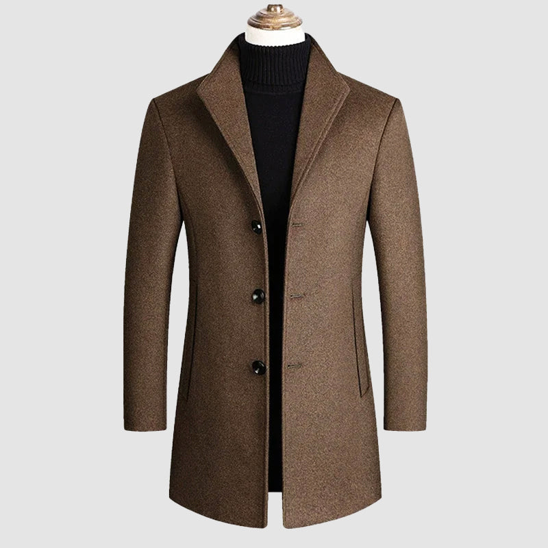 Men's khaki wool blend overcoat with soft durable finish