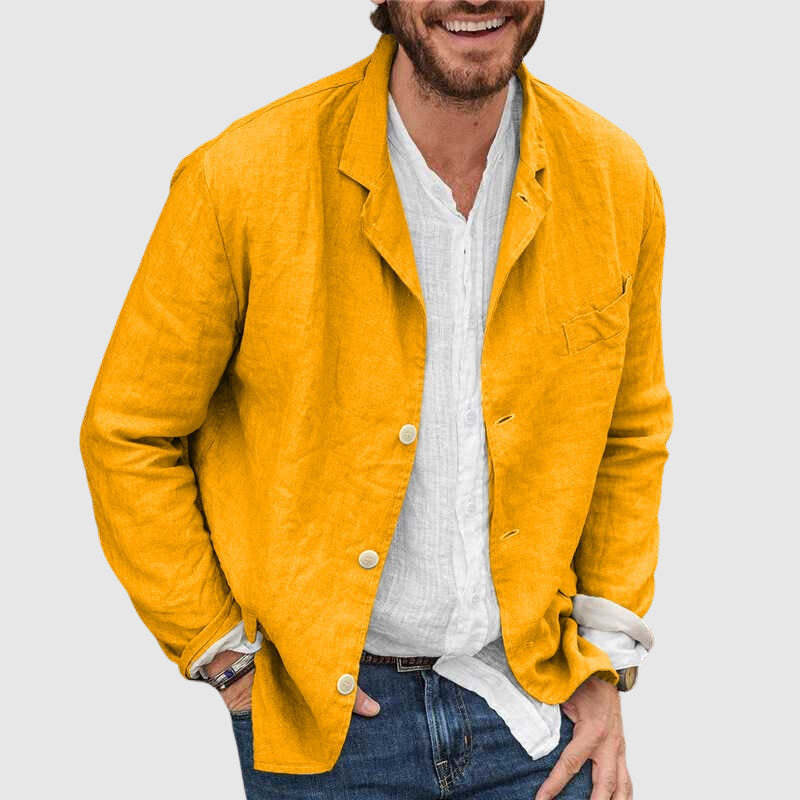Men's yellow cotton linen blend blazer with notched lapel