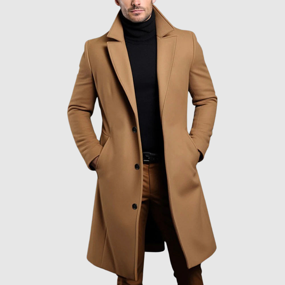 Men's khaki long single breasted wool coat with lapel collar
