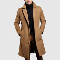 Elias | Men's Long Single Breasted Wool Coat with Lapel Collar, Fall Overcoat
