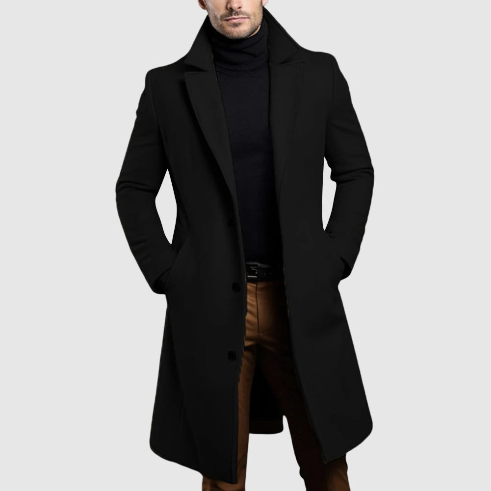Men's khaki long single breasted wool coat with lapel collar