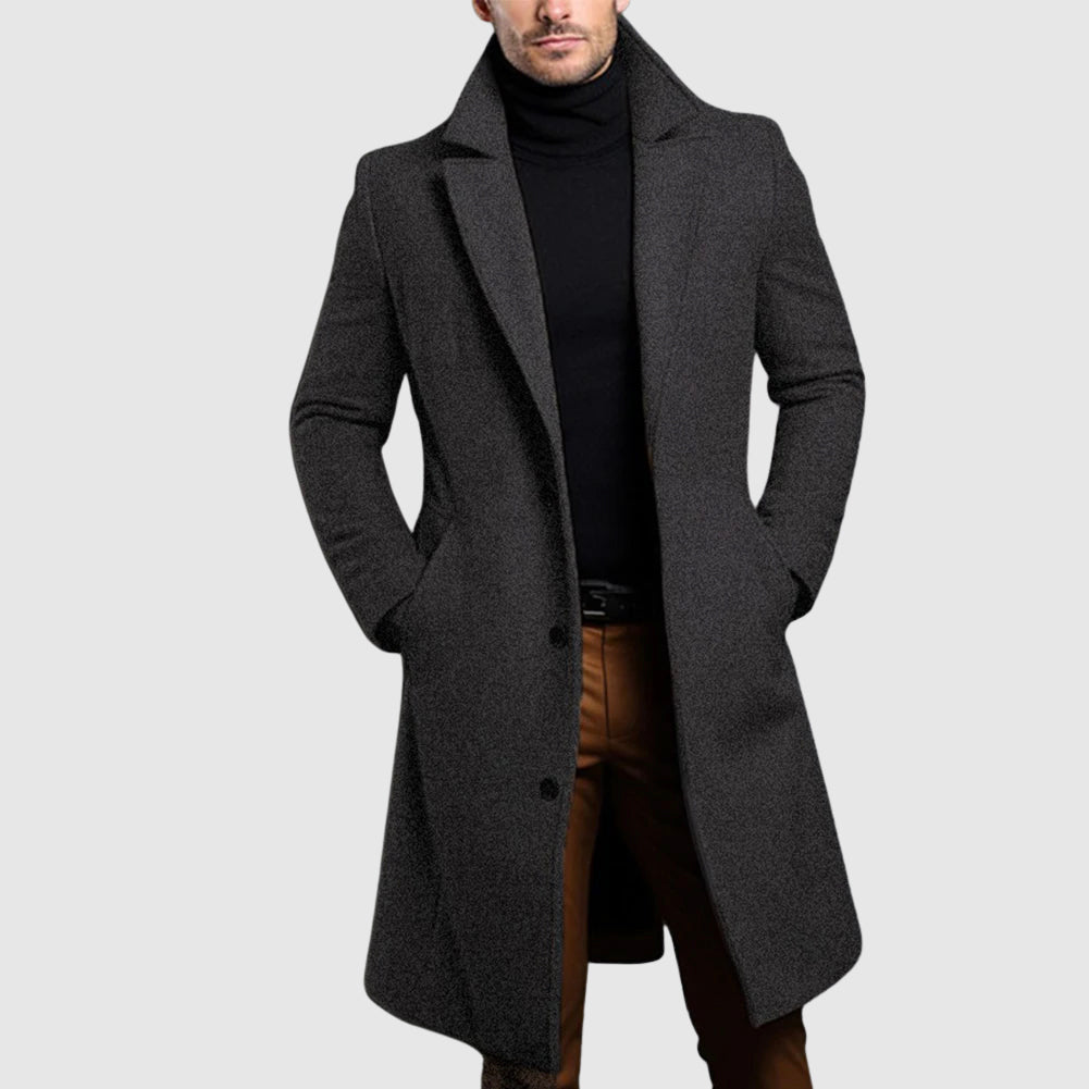 Men's khaki long single breasted wool coat with lapel collar