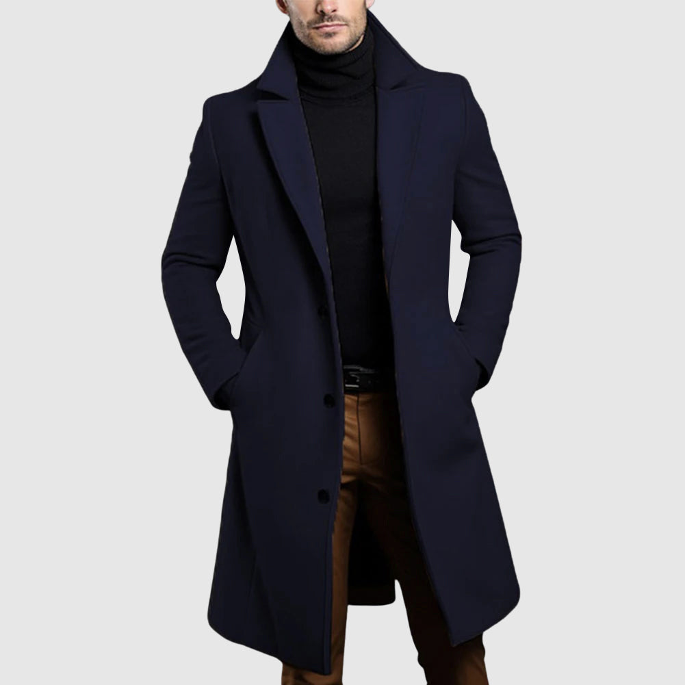 Men's khaki long single breasted wool coat with lapel collar