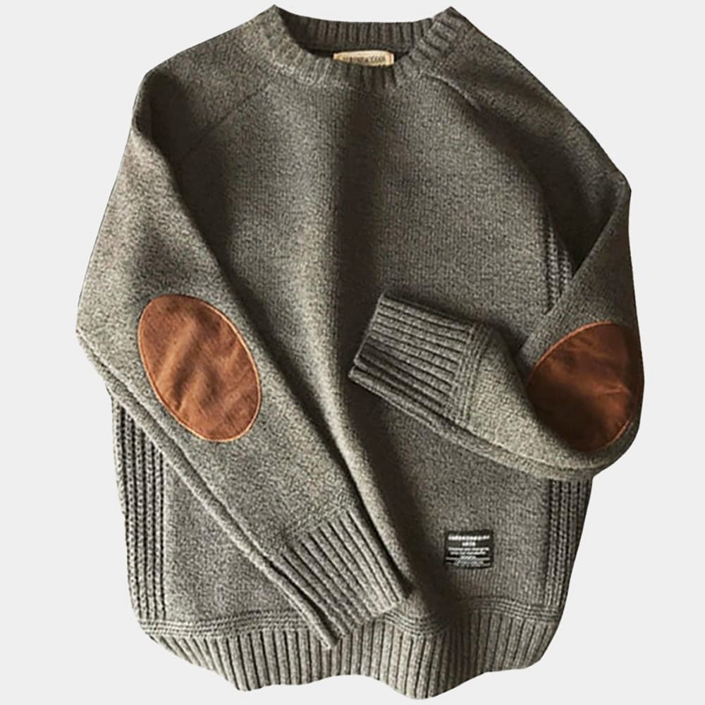 Men's gray fine knit pullover sweater with long sleeves