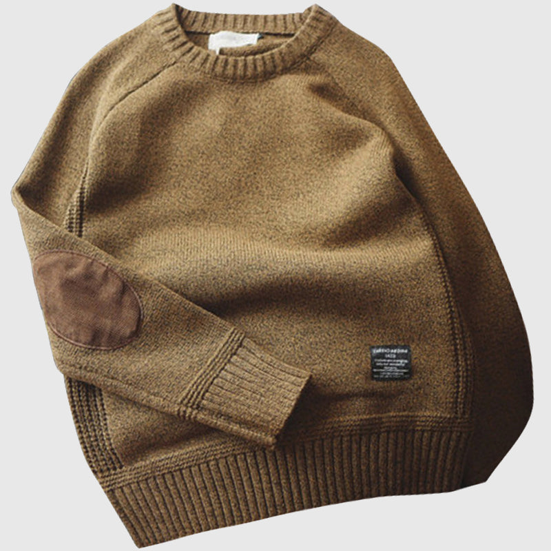 Men's gray fine knit pullover sweater with long sleeves
