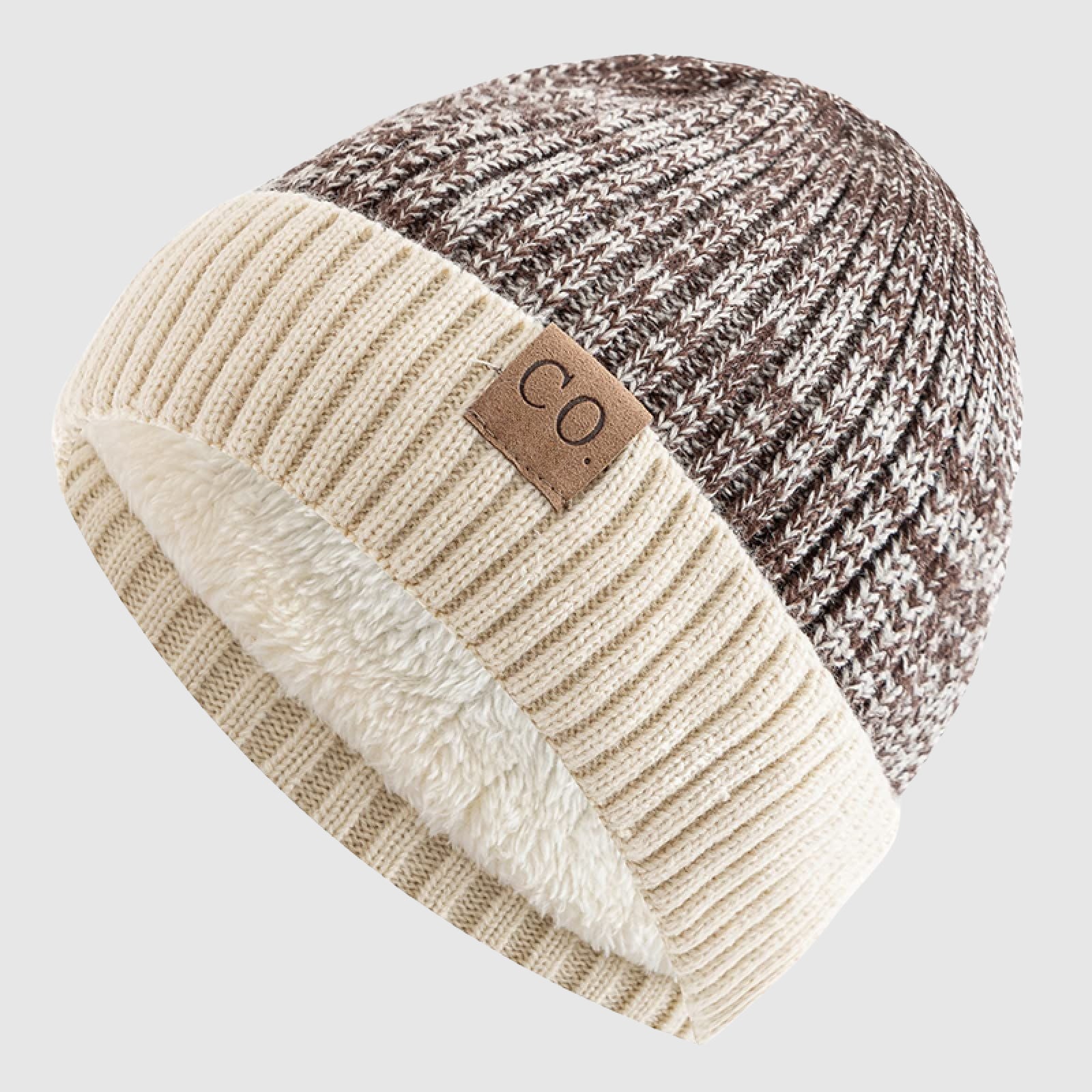 Men's beige knit beanie hat in soft acrylic blend