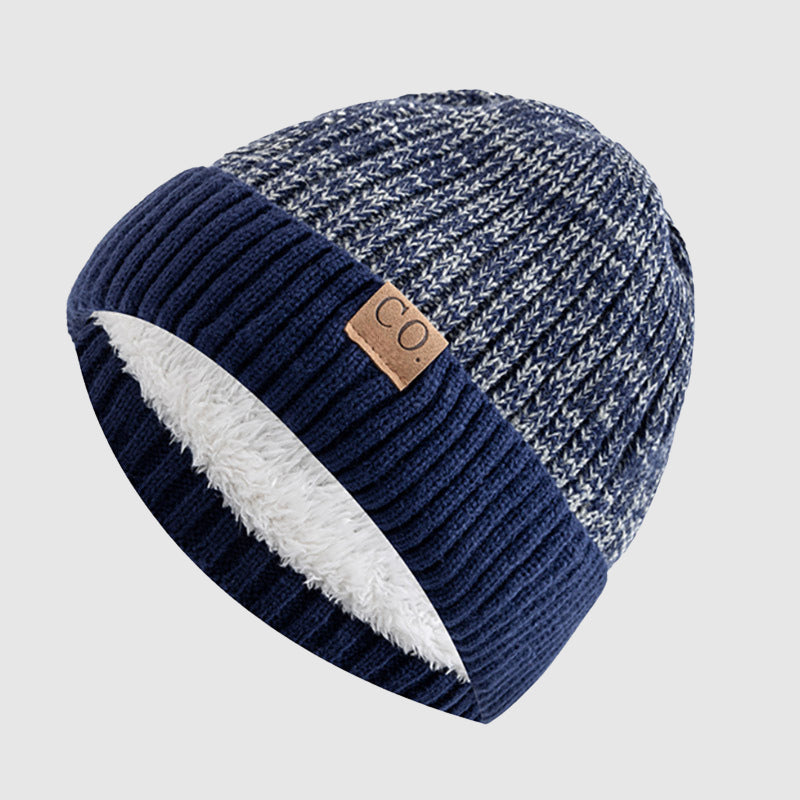 Men's blue knit beanie hat in soft acrylic blend