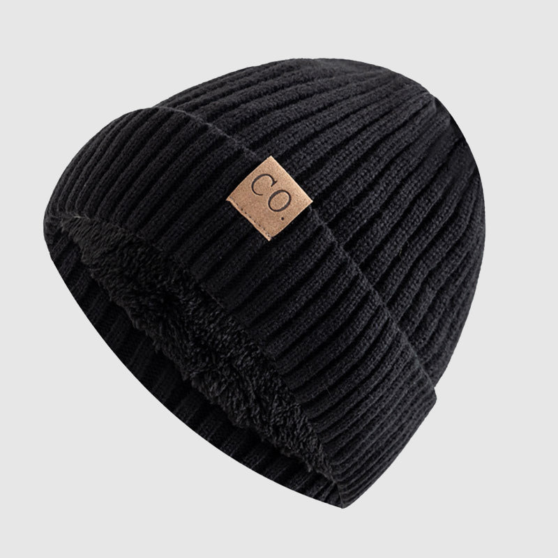 Men's black knit beanie hat in soft acrylic blend