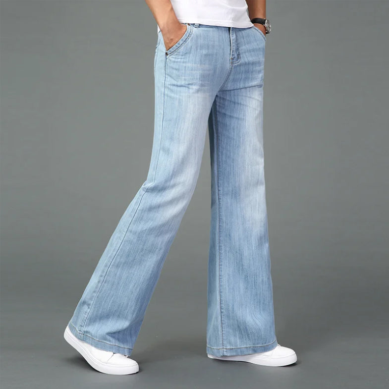 Men's light blue bootcut flare jeans in premium denim with reinforced stitching