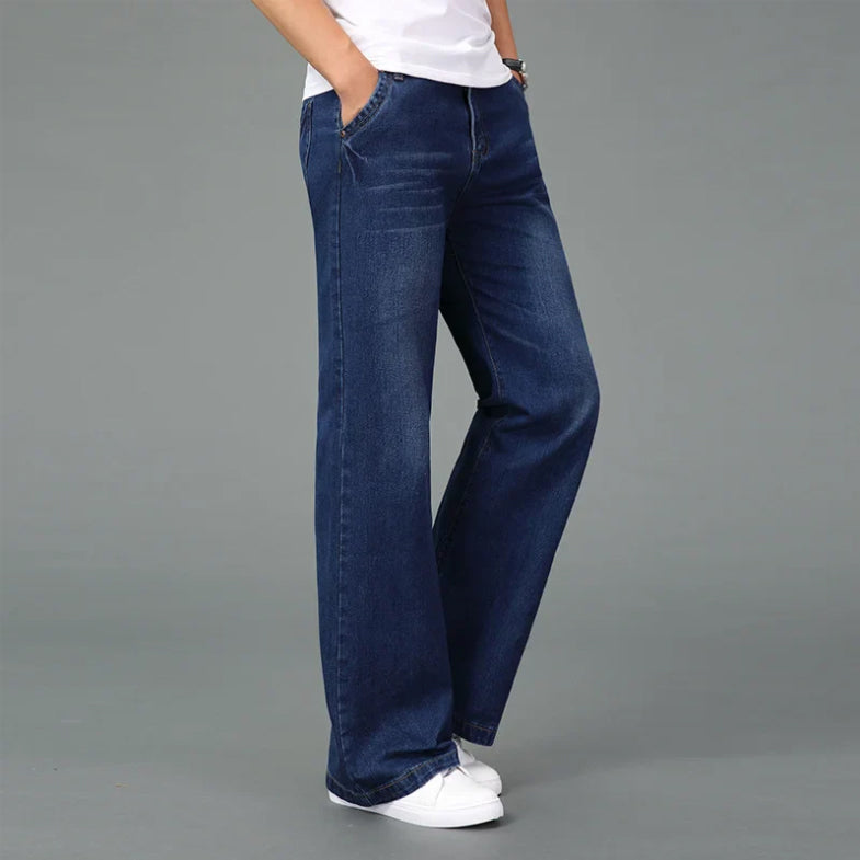 Men's light blue bootcut flare jeans in premium denim with reinforced stitching