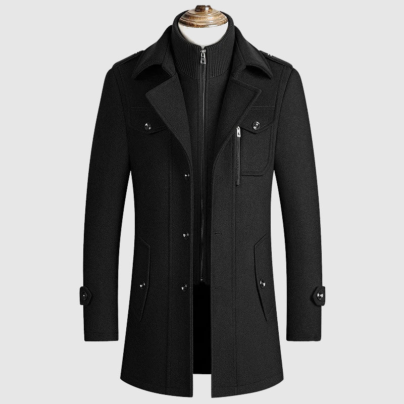 Men's beige wool blend coat with lapel collar and button front