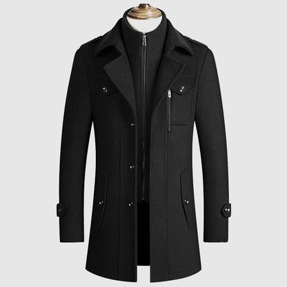 Men's beige wool blend coat with lapel collar and button front