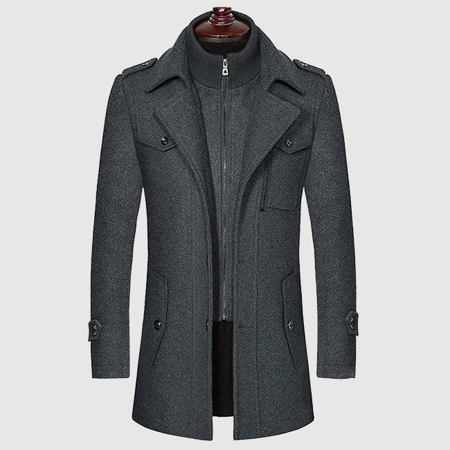 Men's beige wool blend coat with lapel collar and button front