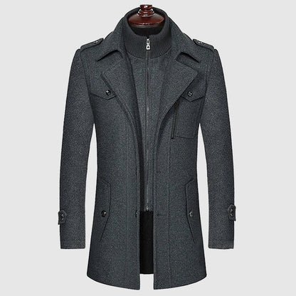Men's beige wool blend coat with lapel collar and button front