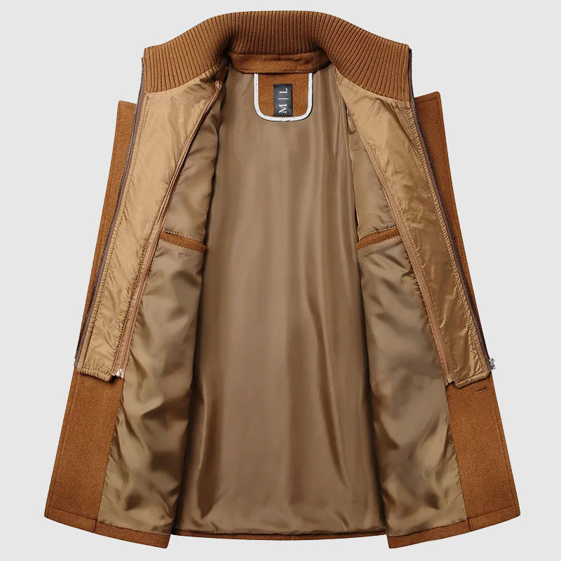 Men's beige wool blend coat with lapel collar and button front
