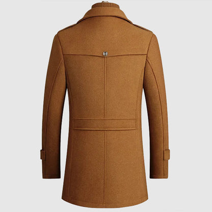 Men's beige wool blend coat with lapel collar and button front