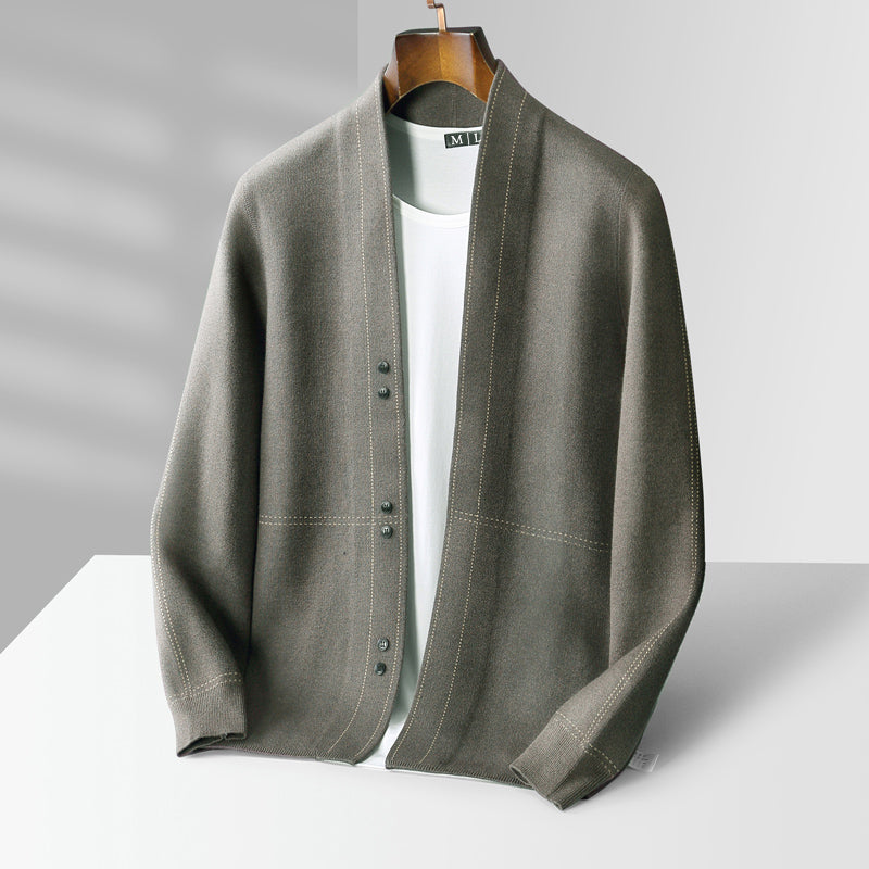 Men's gray plaid wool blend knit cardigan sweater for fall layering