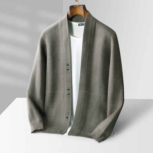 Men's gray plaid wool blend knit cardigan sweater for fall layering