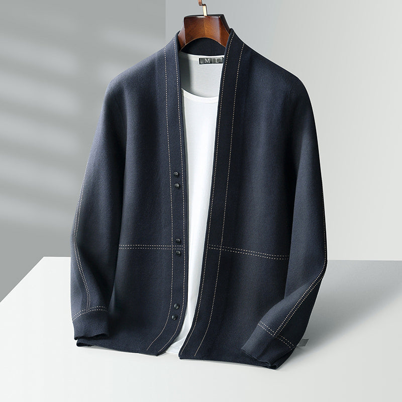 Men's gray plaid wool blend knit cardigan sweater for fall layering