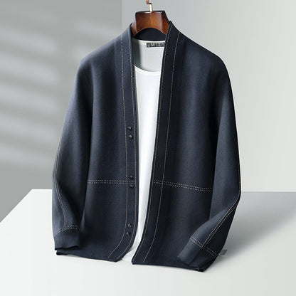Men's gray plaid wool blend knit cardigan sweater for fall layering