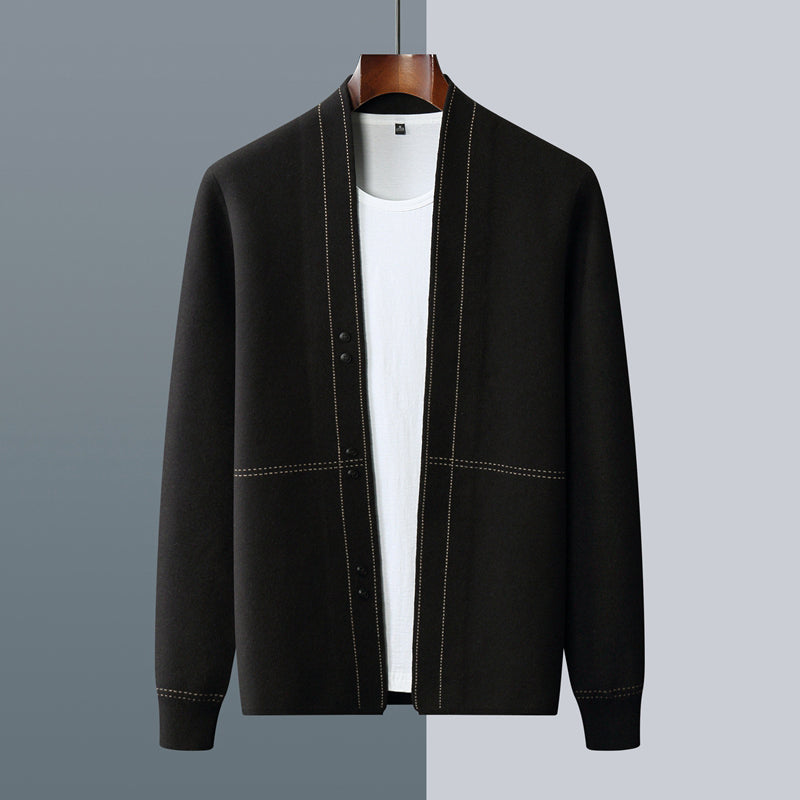 Men's gray plaid wool blend knit cardigan sweater for fall layering