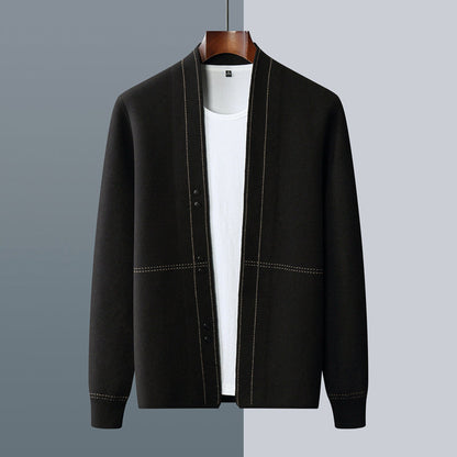 Men's gray plaid wool blend knit cardigan sweater for fall layering