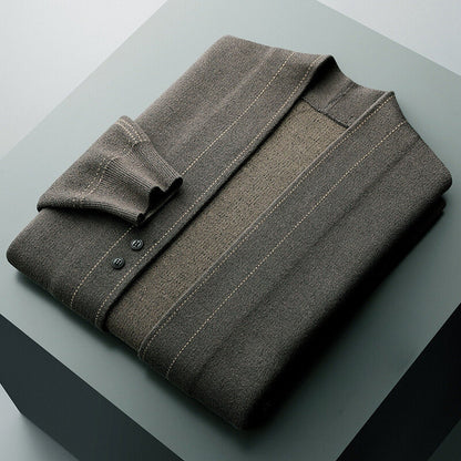 Men's gray plaid wool blend knit cardigan sweater for fall layering