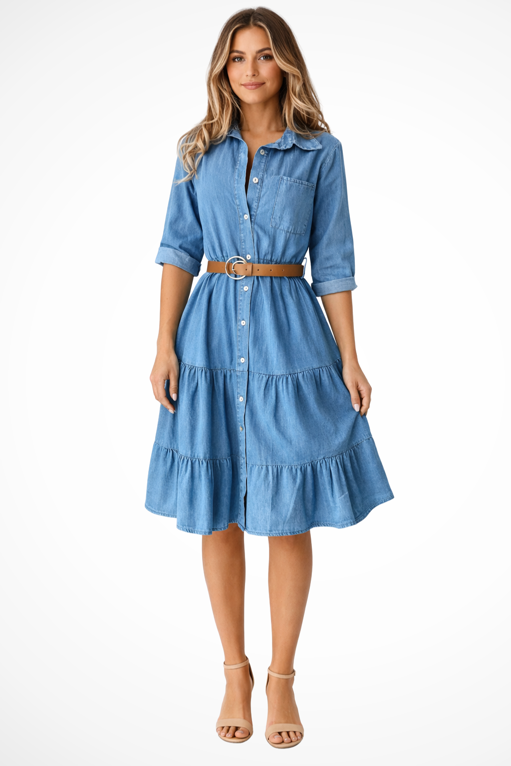 Women's blue denim tiered midi shirt dress with belt