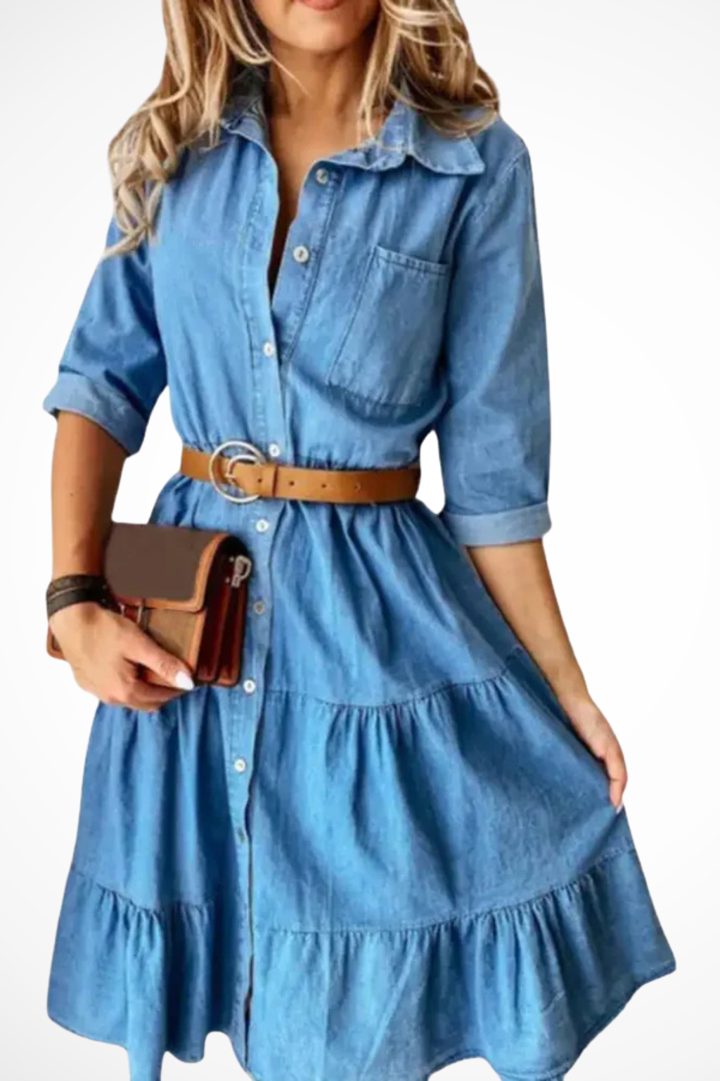 Women's blue denim tiered midi shirt dress with belt