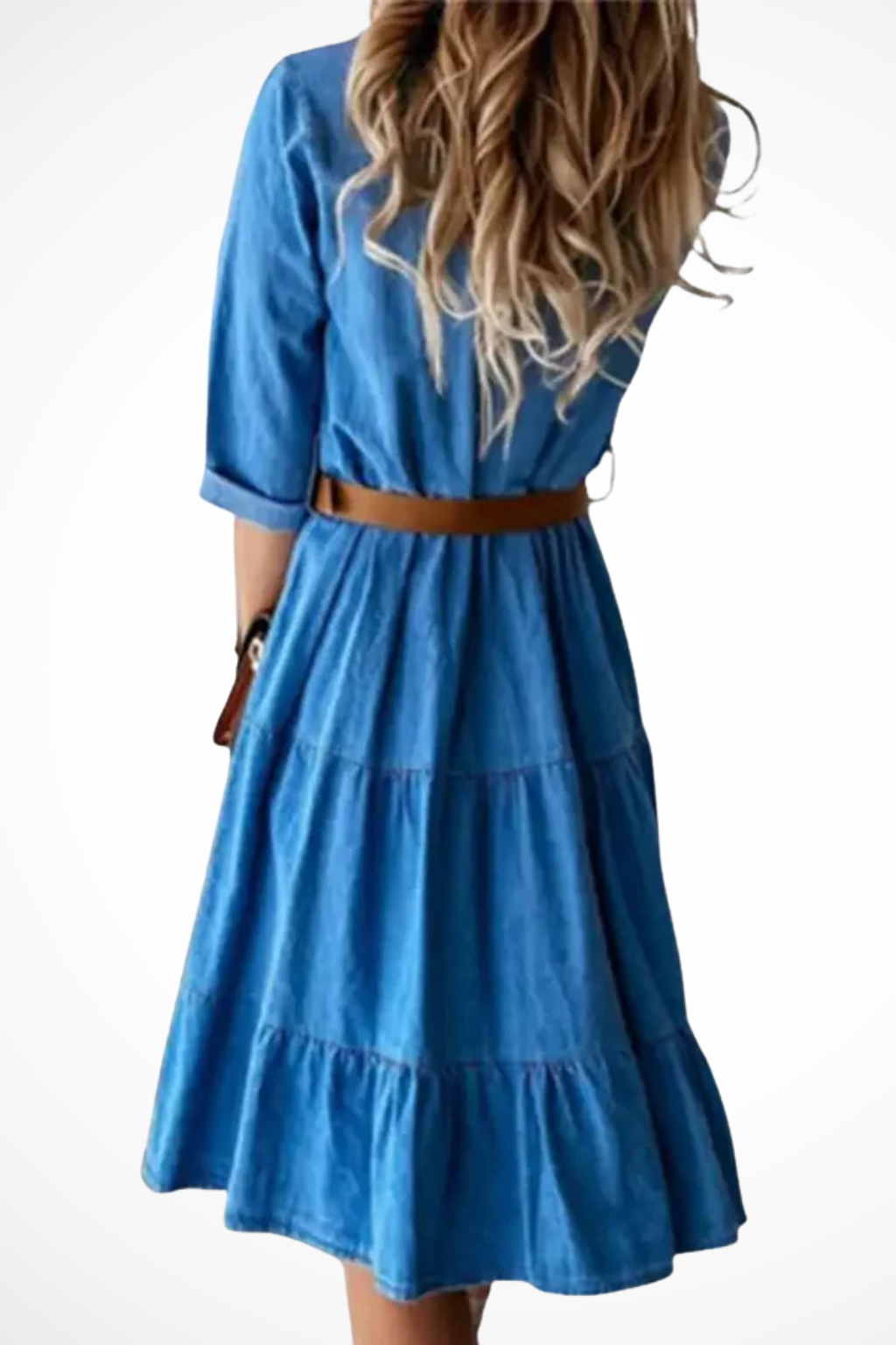 Women's blue denim tiered midi shirt dress with belt