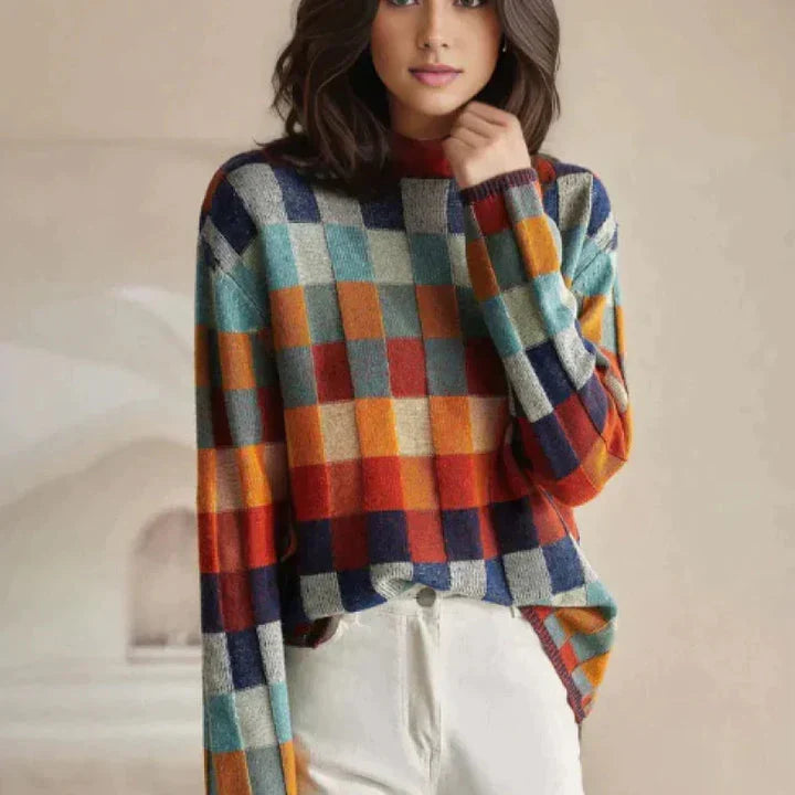 Women's checkered wool blend turtleneck sweater