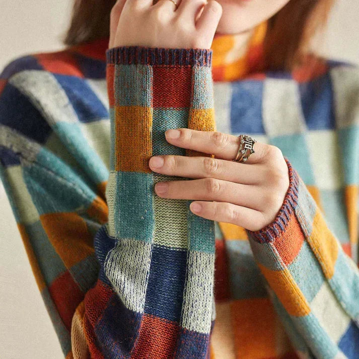 Women's checkered wool blend turtleneck sweater