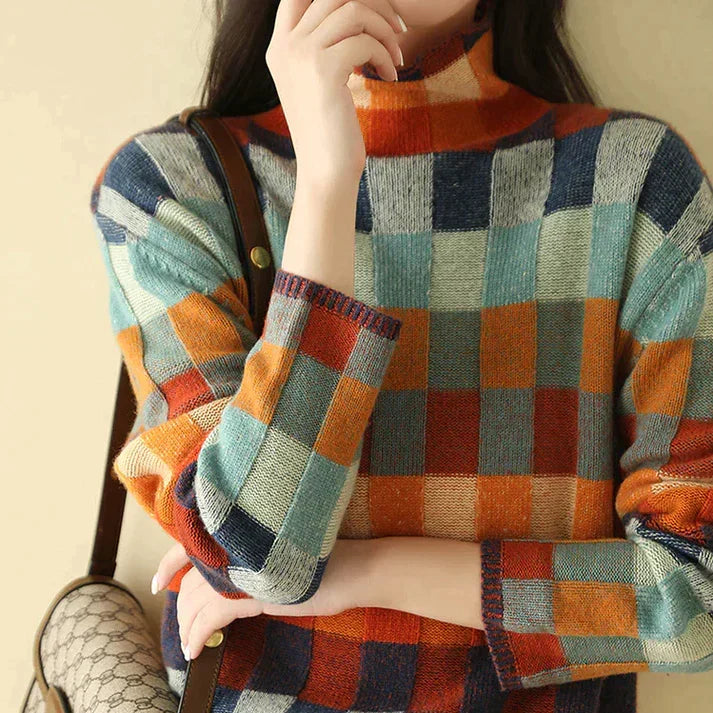 Women's checkered wool blend turtleneck sweater