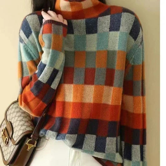 Women's checkered wool blend turtleneck sweater