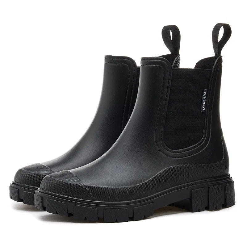 Women's jet black waterproof chelsea rain boots