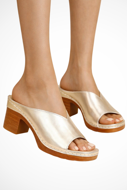 Women's gold open toe block heel mules slip-on platform