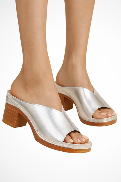 Women's gold open toe block heel mules slip-on platform