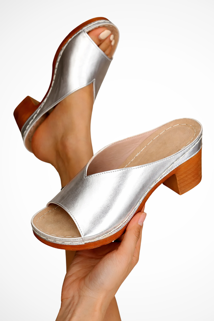Women's gold open toe block heel mules slip-on platform