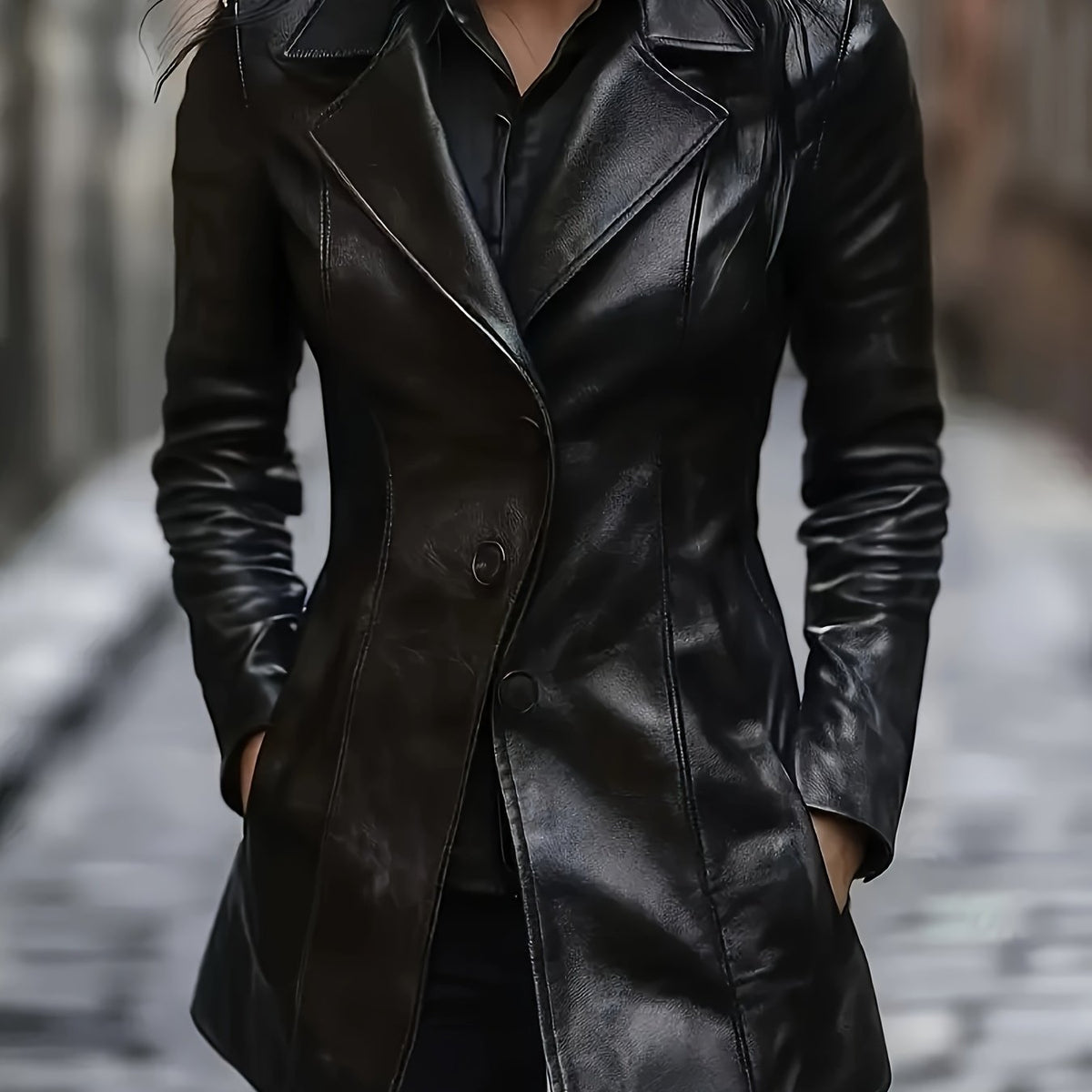 Black Tailored A-Line Mid-Length Winter Coat with Notched Collar
