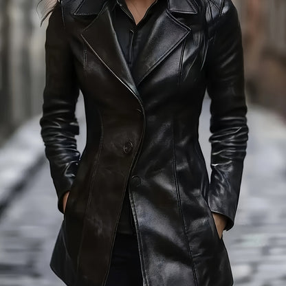 Black Tailored A-Line Mid-Length Winter Coat with Notched Collar