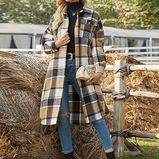 Women's Longline Plaid Coat, Oversized Winter Outerwear