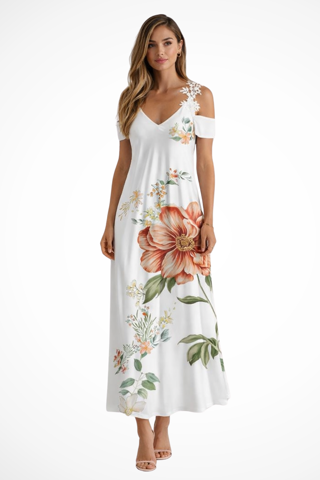 Women's white floral floral cold shoulder v-neck maxi summer dress