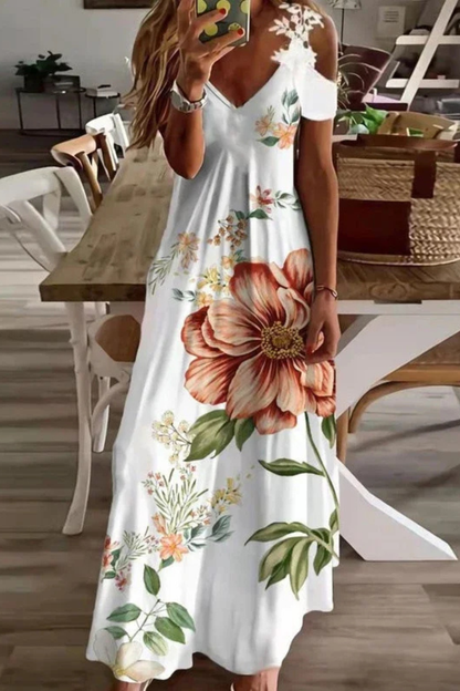 Women's white floral floral cold shoulder v-neck maxi summer dress