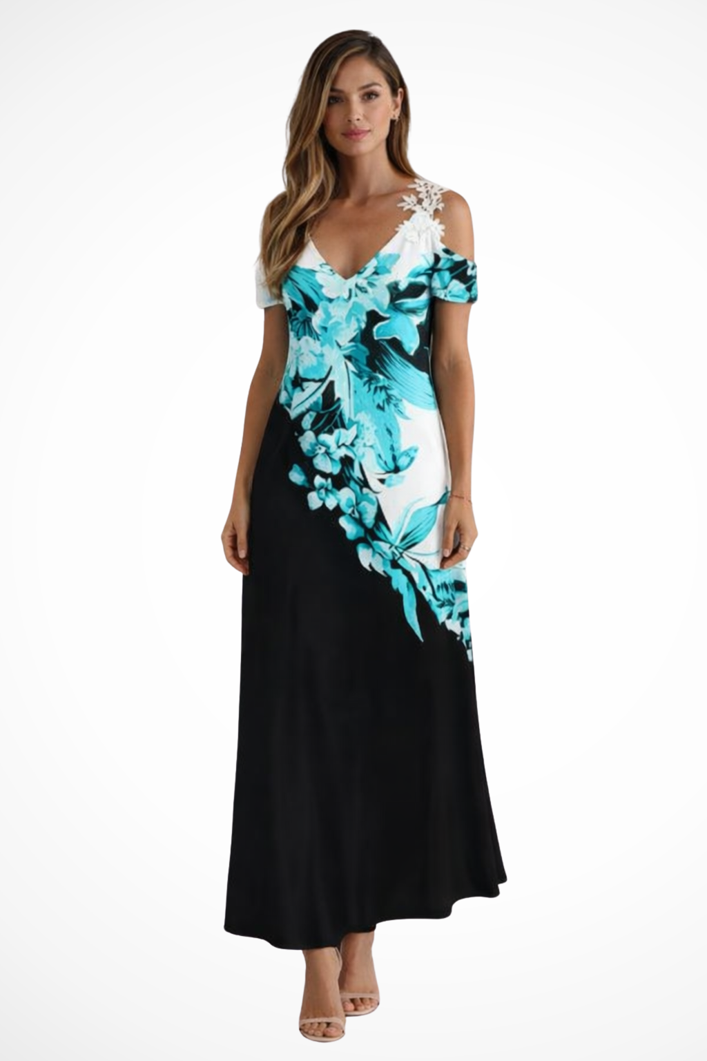 Women's white floral floral cold shoulder v-neck maxi summer dress