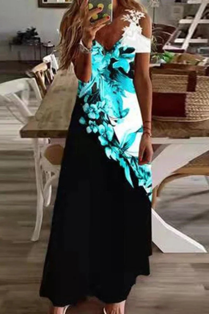 Women's white floral floral cold shoulder v-neck maxi summer dress