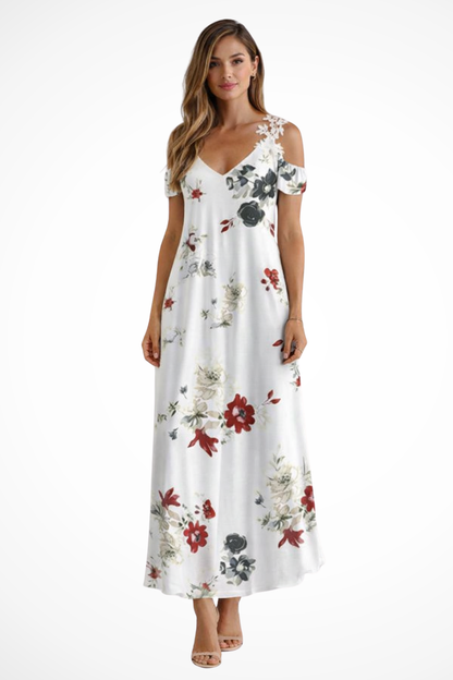 Women's white black floral cold shoulder v-neck maxi summer dress